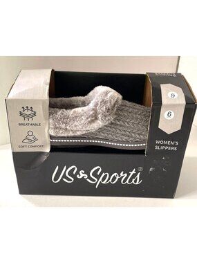 NIB US Sports Cable Knit Faux Fur Mule Slippers Gray Women Size 6